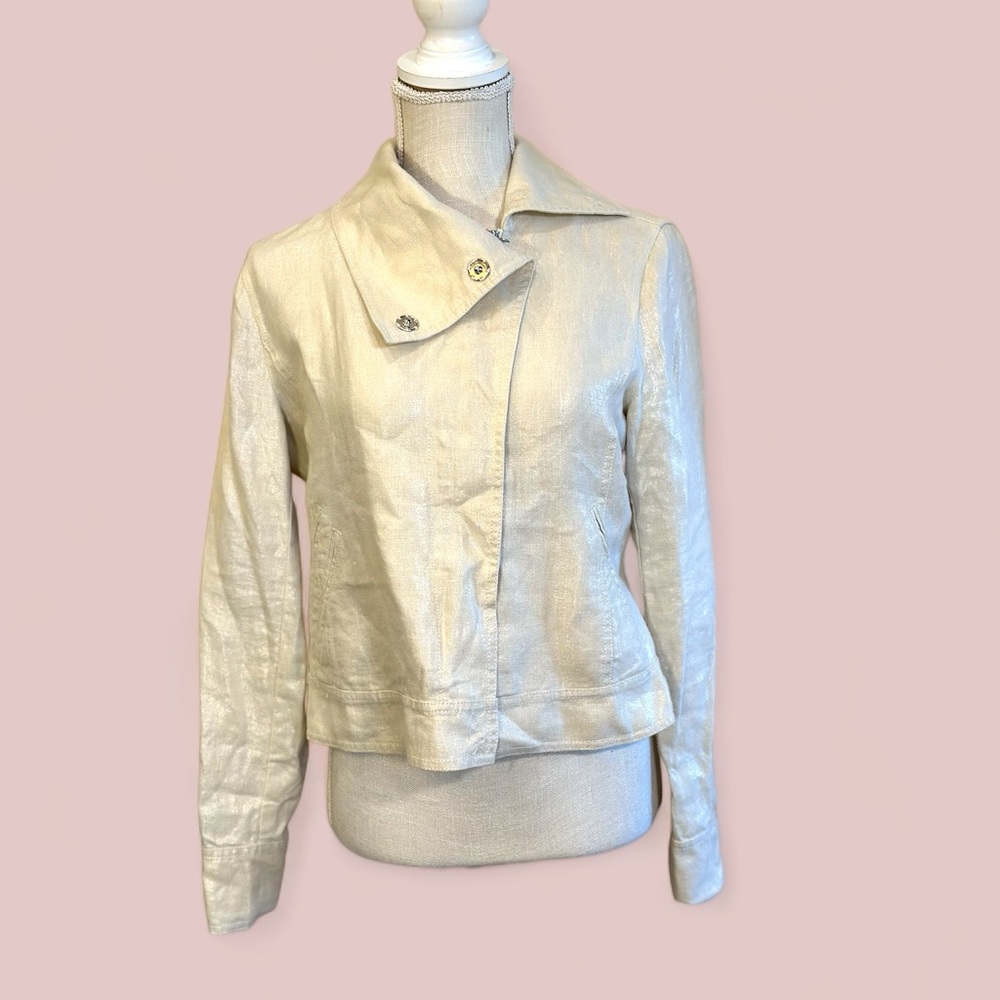 City DKNY‎ size 4 metallic cream linen cropped jacket asymmetrical neckline